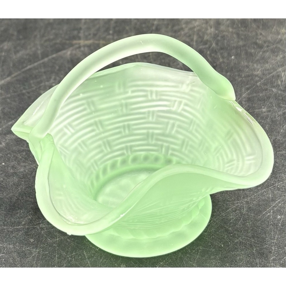 Vtg Frosted Green Glass Basketweave Basket Size Small with Handle